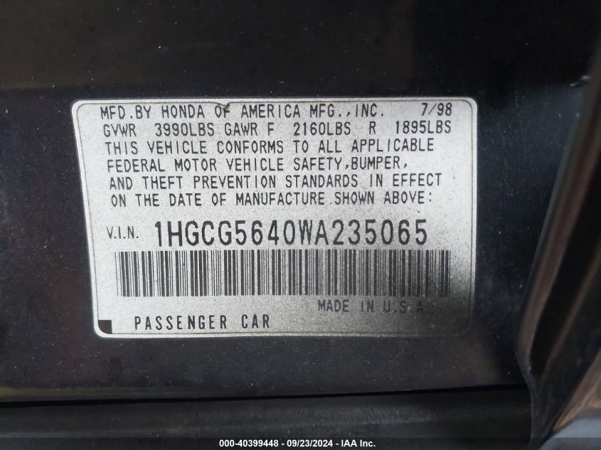 1HGCG5640WA235065 1998 Honda Accord Lx