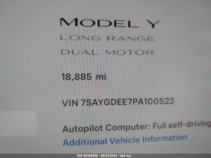 2023 Tesla Model Y VIN: 7SAYGDEE7PA100523 Lot: 40399455