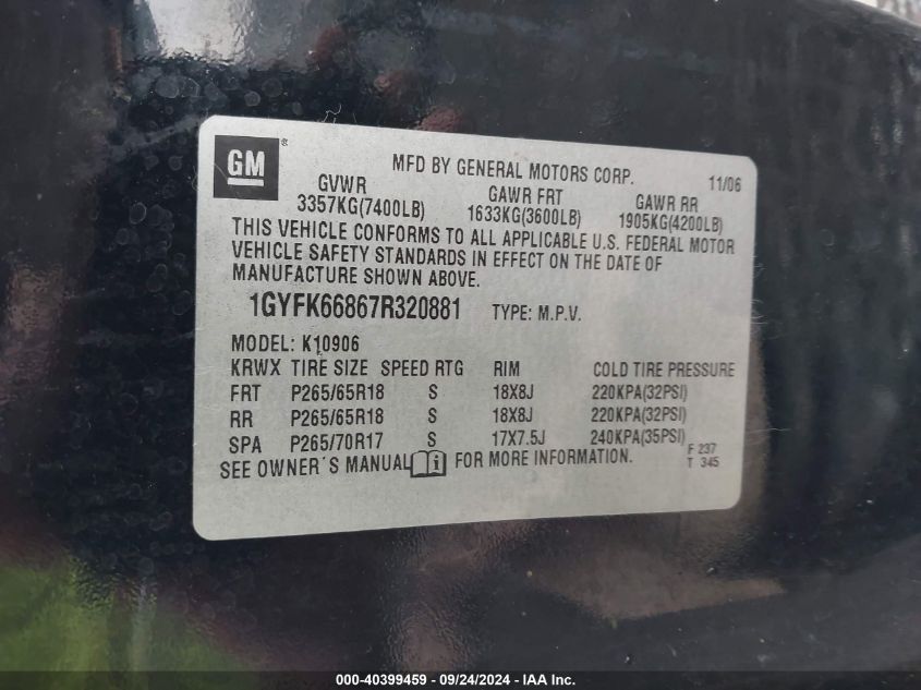 1GYFK66867R320881 2007 Cadillac Escalade Esv