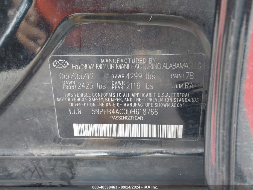 5NPEB4AC0DH618766 2013 Hyundai Sonata Gls