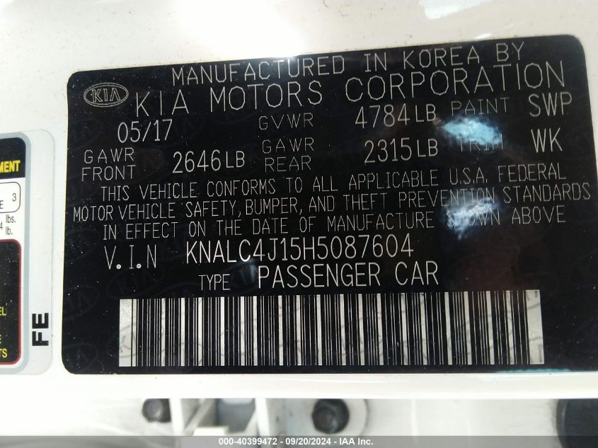 KNALC4J15H5087604 2017 Kia Cadenza Limited