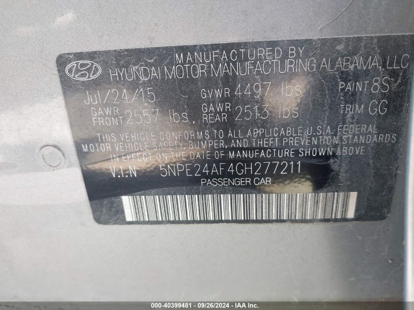 5NPE24AF4GH277211 2016 Hyundai Sonata Se