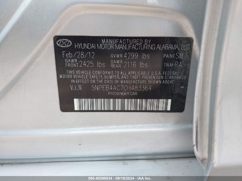 5NPEB4AC7CH483364 2012 Hyundai Sonata Gls