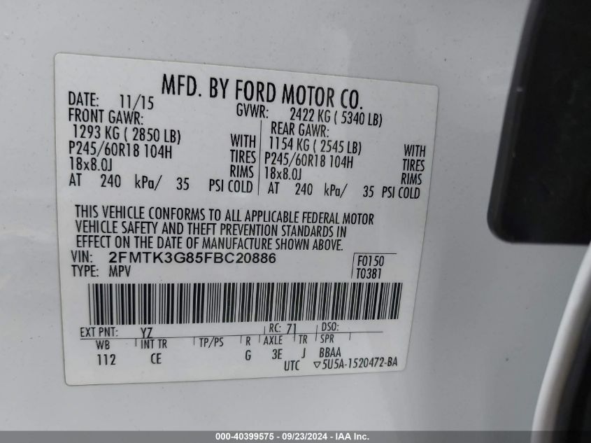 2FMTK3G85FBC20886 2015 Ford Edge Se