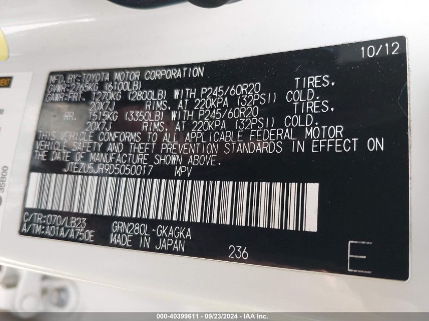 2013 TOYOTA 4RUNNER LIMITED - JTEZU5JR9D5050017