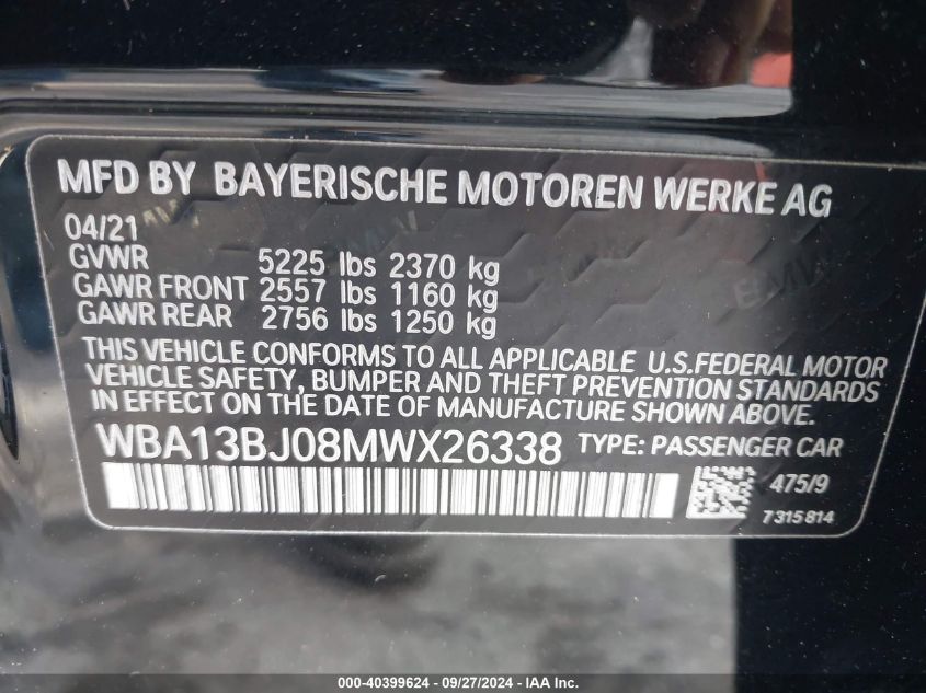 2021 BMW 530I xDrive VIN: WBA13BJ08MWX26338 Lot: 40399624