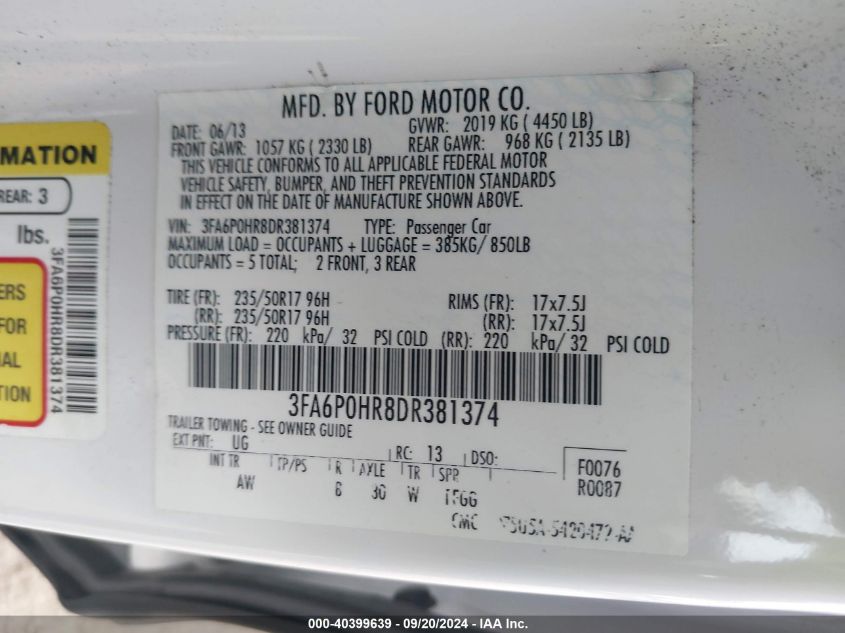 2013 FORD FUSION VIN: 3FA6P0HR8DR381374