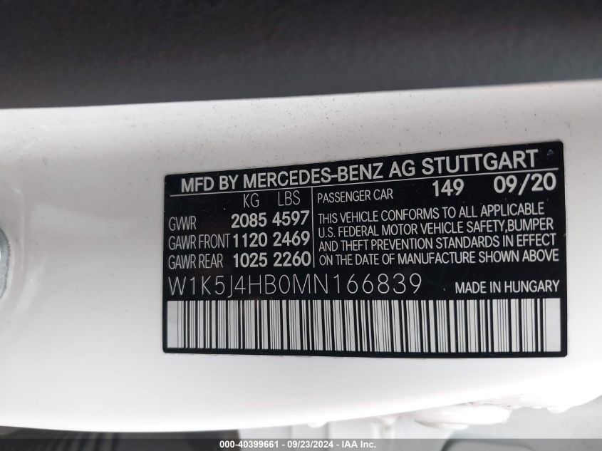 W1K5J4HB0MN166839 2021 Mercedes-Benz Cla 250 4Matic