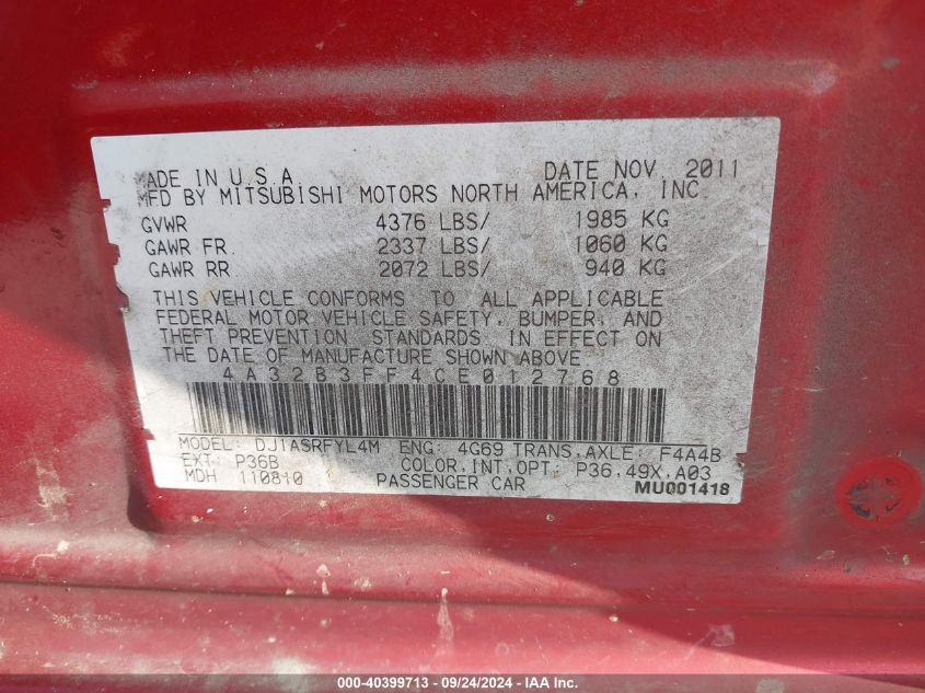 4A32B3FF4CE012768 2012 Mitsubishi Galant Es/Se