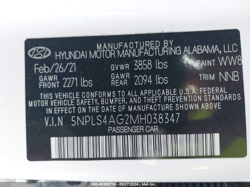 2021 Hyundai Elantra Sel VIN: 5NPLS4AG2MH038347 Lot: 40399714