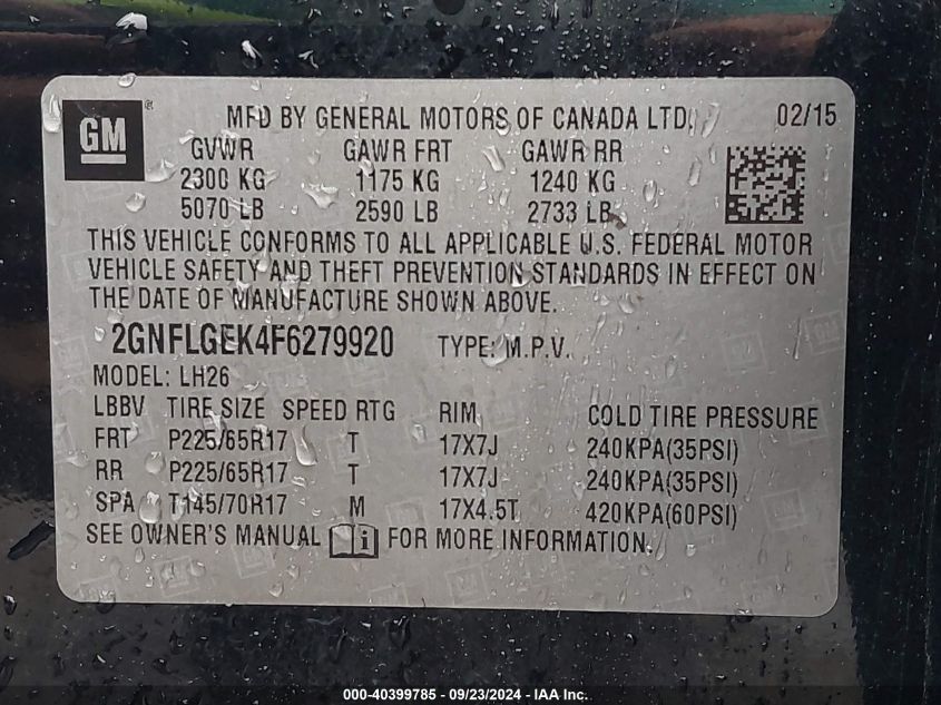 2015 CHEVROLET EQUINOX 2LT - 2GNFLGEK4F6279920