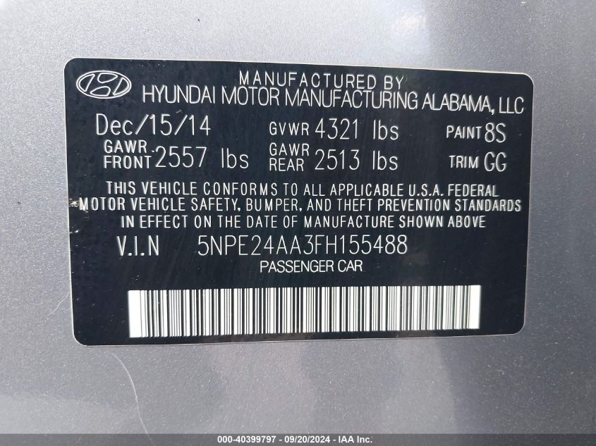 5NPE24AA3FH155488 2015 Hyundai Sonata Eco