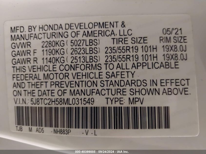 2021 Acura Rdx Technology Package VIN: 5J8TC2H58ML031549 Lot: 40399885