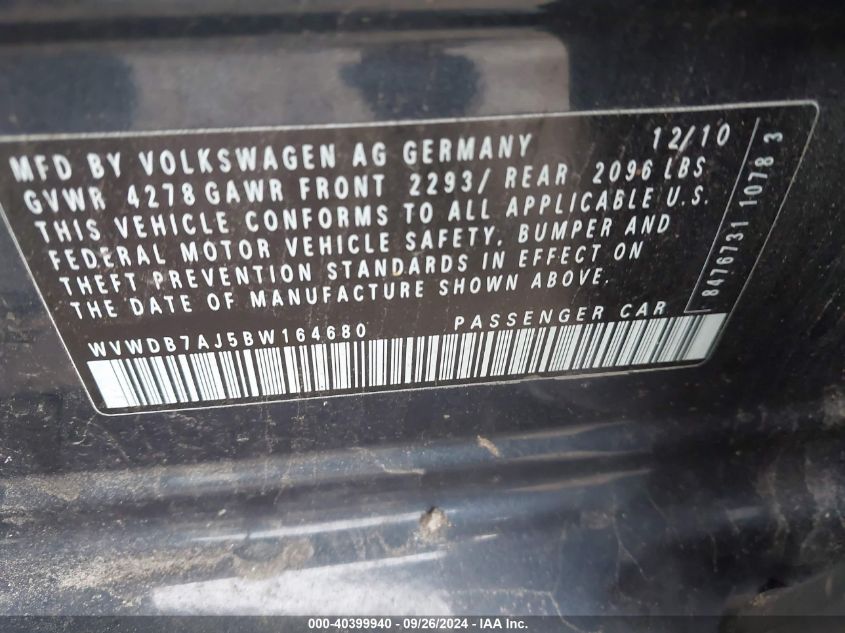 WVWDB7AJ5BW164680 2011 Volkswagen Golf 2.5L 4-Door