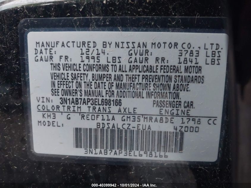 2014 Nissan Sentra S/Sv/Sr/Sl VIN: 3N1AB7AP3EL698166 Lot: 40399942