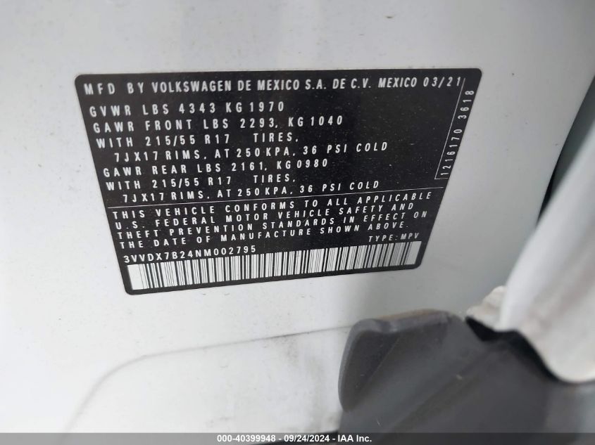 3VVDX7B24NM002795 2022 Volkswagen Taos 1.5T S