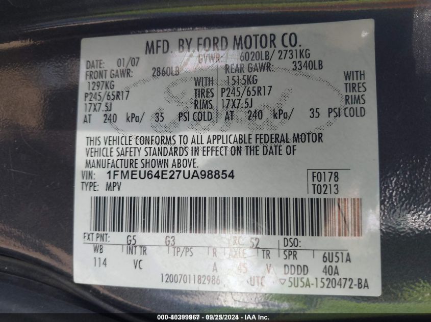 1FMEU64E27UA98854 2007 Ford Explorer Eddie Bauer