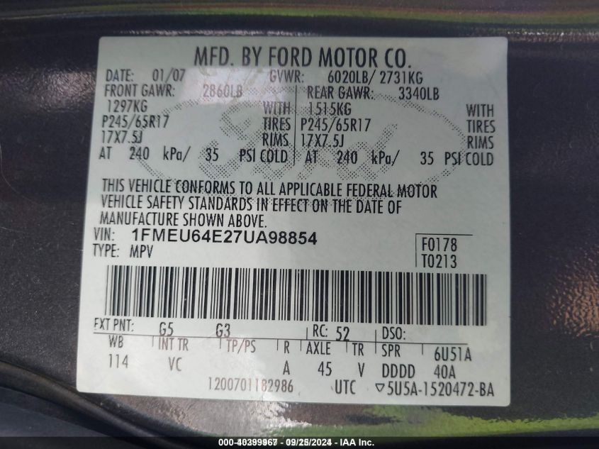 1FMEU64E27UA98854 2007 Ford Explorer Eddie Bauer