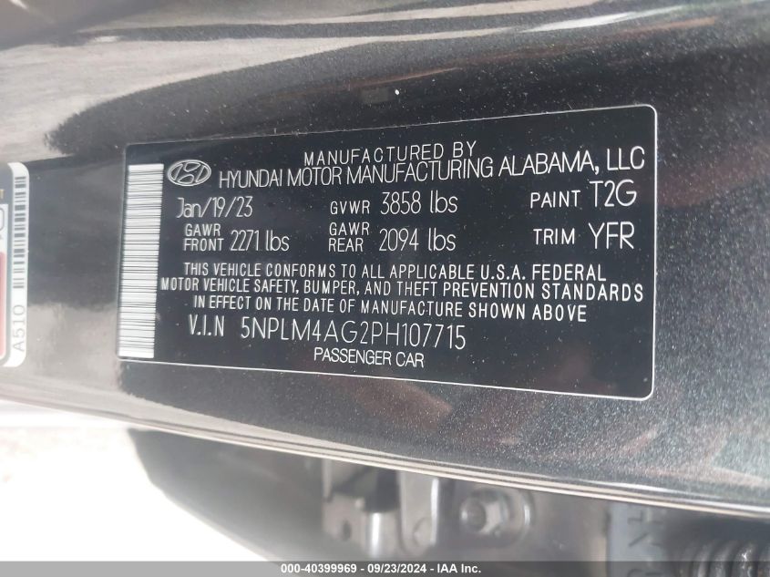 2023 Hyundai Elantra Sel VIN: 5NPLM4AG2PH107715 Lot: 40399969