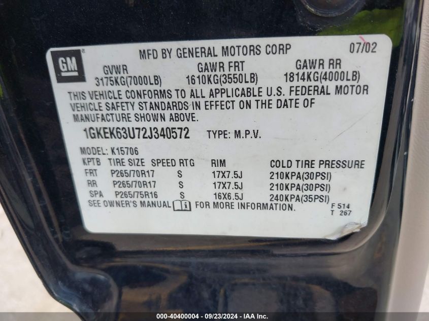 2002 GMC Yukon Denali VIN: 1GKEK63U72J340572 Lot: 40400004