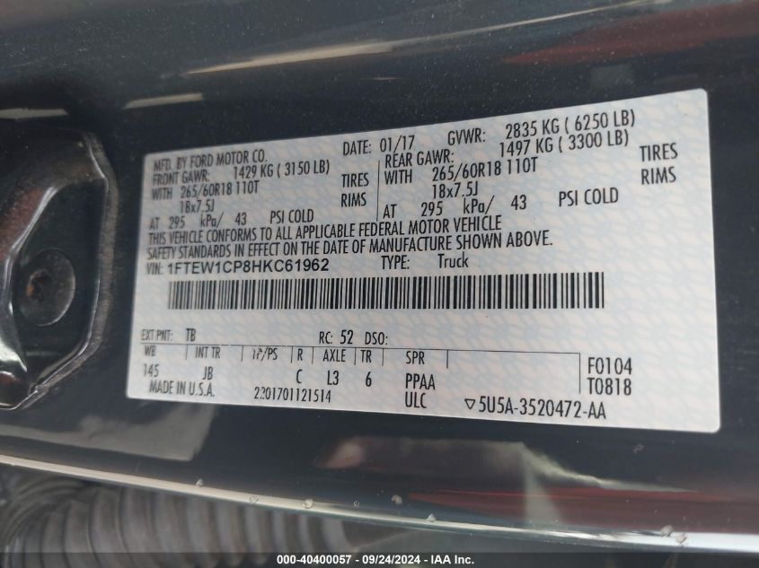 2017 Ford F-150 Xlt VIN: 1FTEW1CP8HKC61962 Lot: 40400057