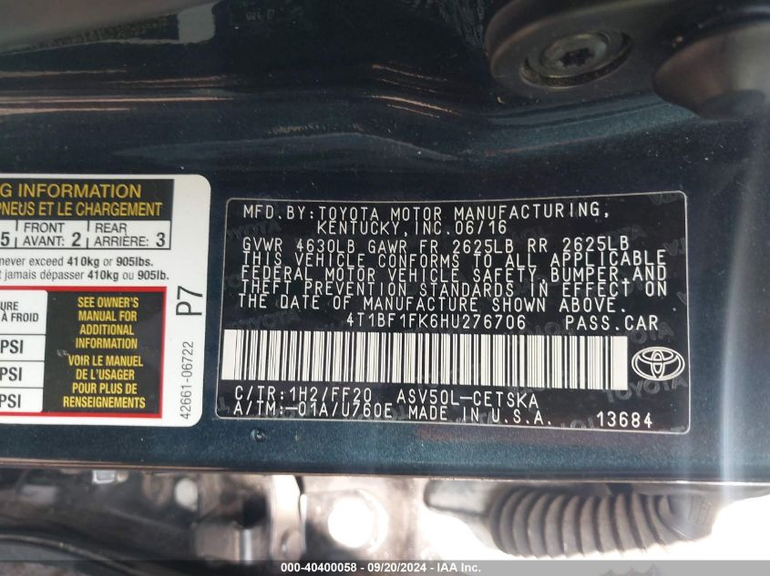 4T1BF1FK6HU276706 2017 Toyota Camry Se