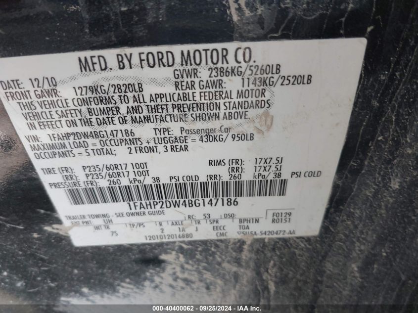 1FAHP2DW4BG147186 2011 Ford Taurus Se