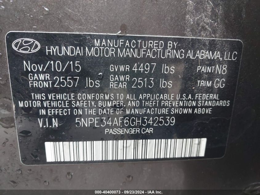 5NPE34AF6GH342539 2016 Hyundai Sonata Sport