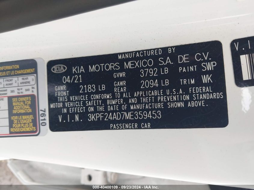 2021 Kia Forte Lxs VIN: 3KPF24AD7ME359453 Lot: 40400109