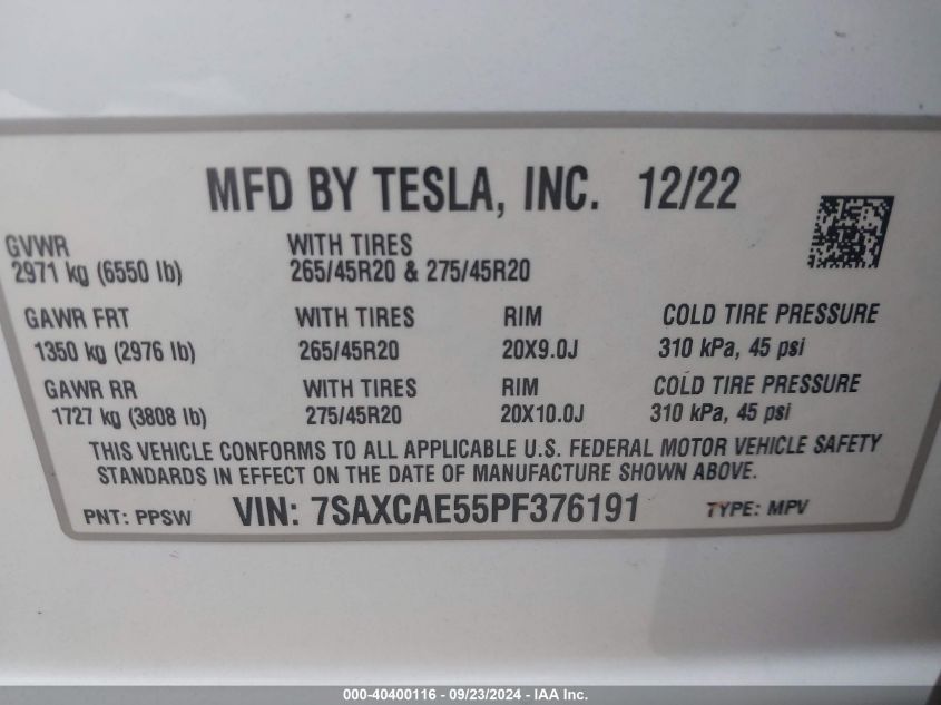 2023 Tesla Model X Dual Motor All-Wheel Drive/Standard Range VIN: 7SAXCAE55PF376191 Lot: 40400116