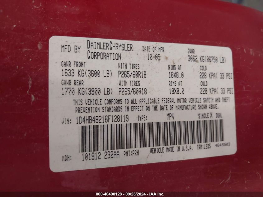 1D4HB48216F128119 2006 Dodge Durango Slt