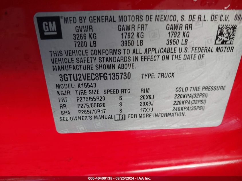 3GTU2VEC8FG135730 2015 GMC Sierra 1500 Slt