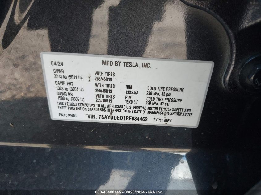 2024 Tesla Model Y Long Range Dual Motor All-Wheel Drive/Rwd VIN: 7SAYGDED1RF084462 Lot: 40400145