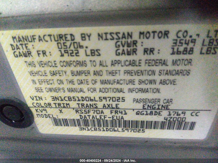 2006 Nissan Sentra 1.8S VIN: 3N1CB51D06L597025 Lot: 40400224