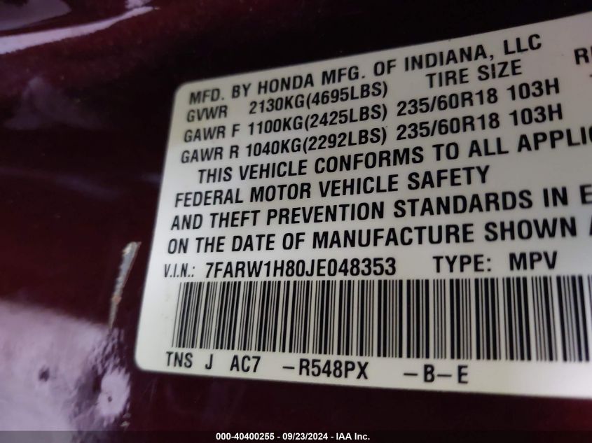 2018 Honda Cr-V Exl VIN: 7FARW1H80JE048353 Lot: 40400255