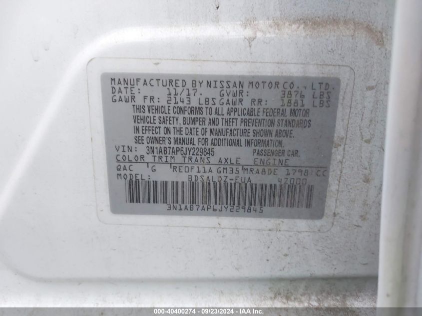 3N1AB7AP6JY229845 2018 Nissan Sentra S/Sv/Sr/Sl