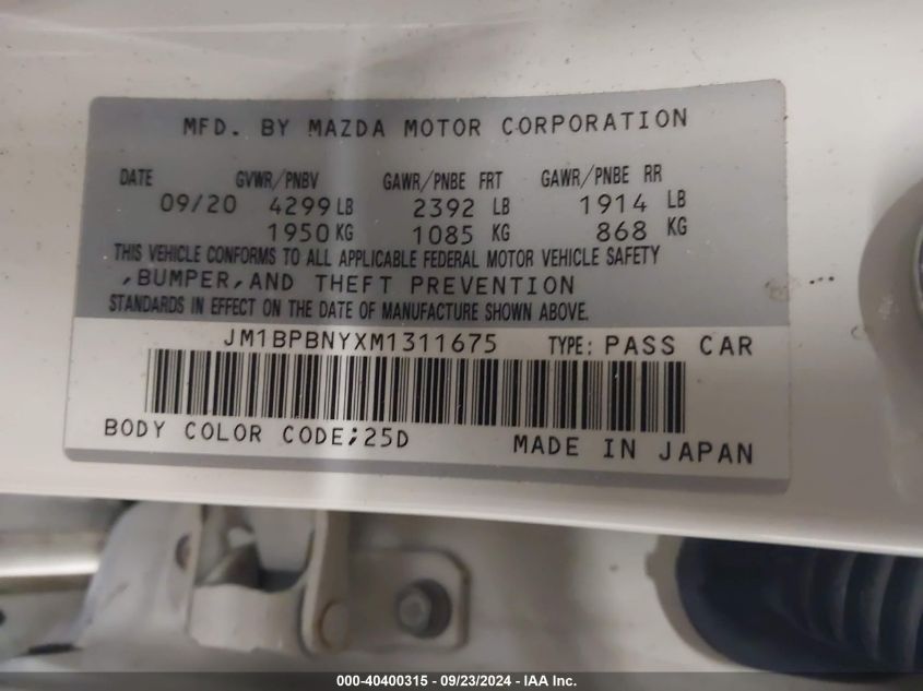 2021 Mazda 3 Premium Plus VIN: JM1BPBNYXM1311675 Lot: 40400315