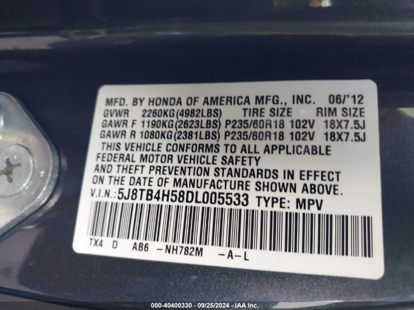 5J8TB4H58DL005533 2013 Acura Rdx