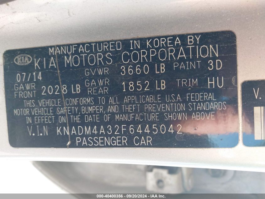 KNADM4A32F6445042 2015 Kia Rio Lx