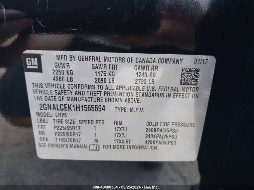 2GNALCEK1H1565694 2017 Chevrolet Equinox Lt