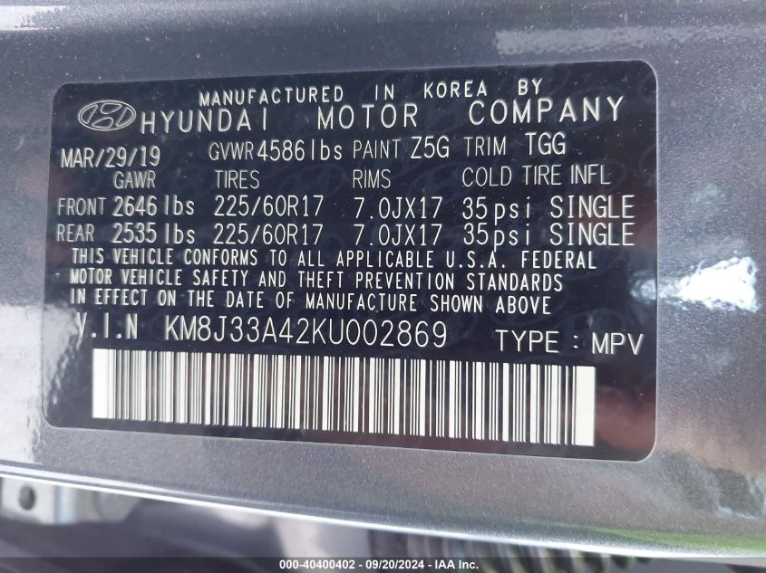 KM8J33A42KU002869 2019 Hyundai Tucson Value