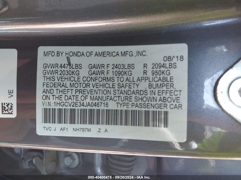 1HGCV2E34JA046716 2018 Honda Accord Sport 2.0T