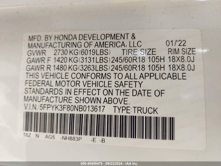 2022 Honda Ridgeline Black Edition VIN: 5FPYK3F80NB013617 Lot: 40400478