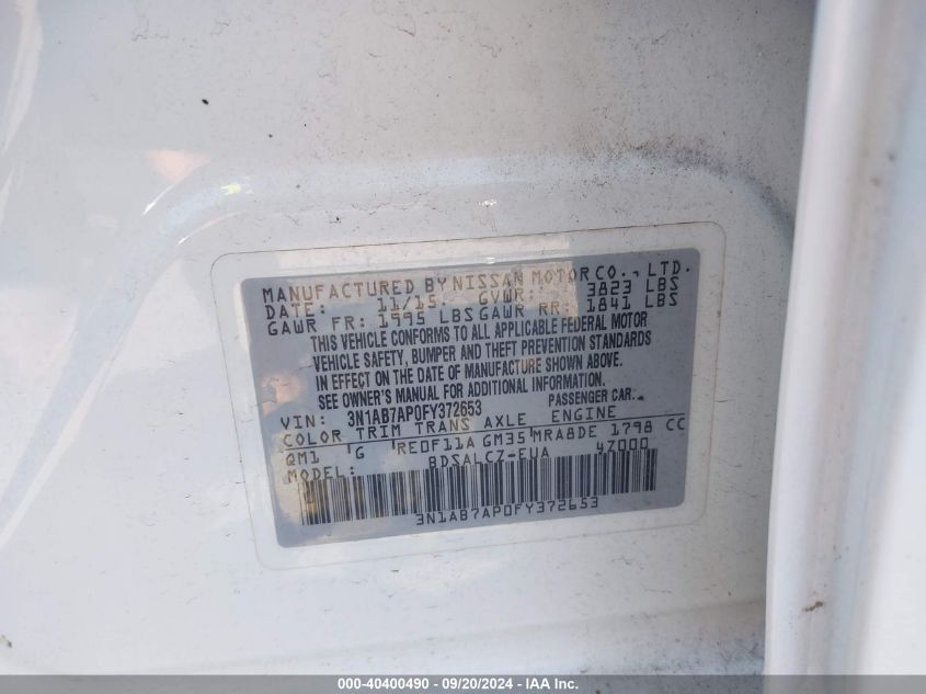 3N1AB7AP0FY372653 2015 Nissan Sentra S