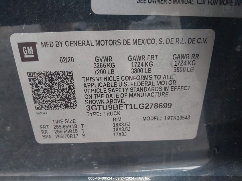 3GTU9BET1LG278699 2020 GMC Sierra K1500 Sle