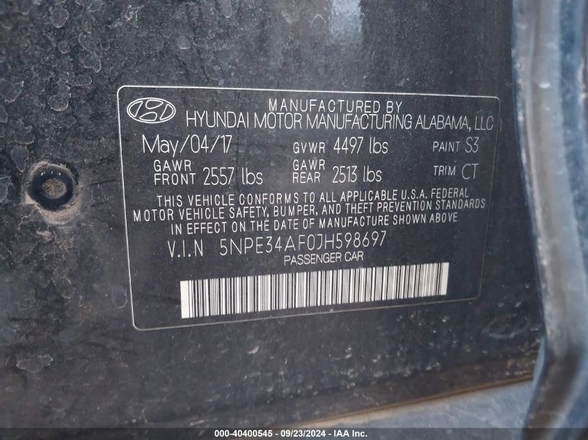 5NPE34AF0JH598697 2018 Hyundai Sonata Sel