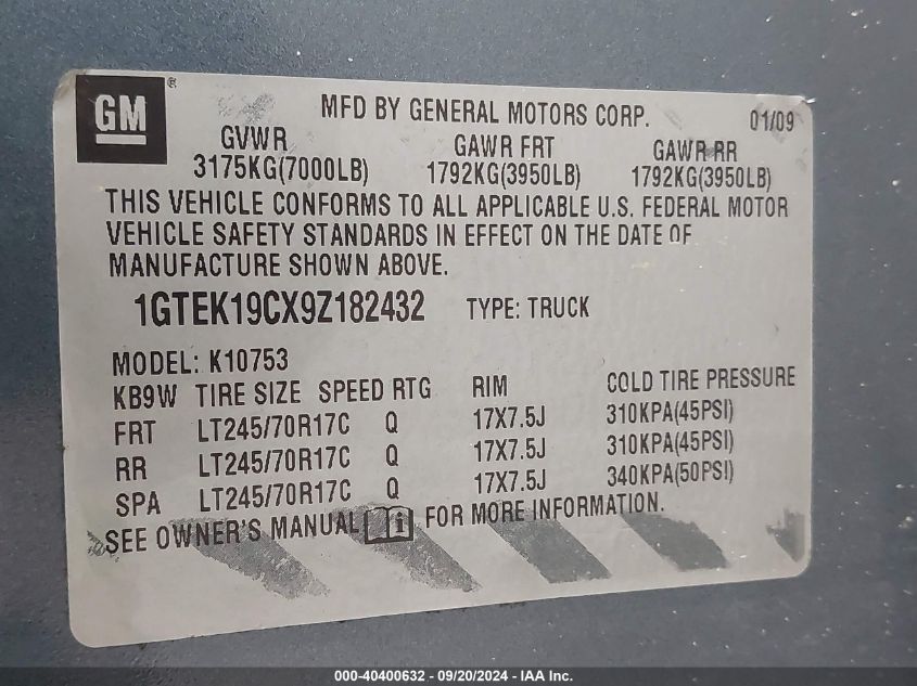 2009 GMC Sierra 1500 Work Truck VIN: 1GTEK19CX9Z182432 Lot: 40400632