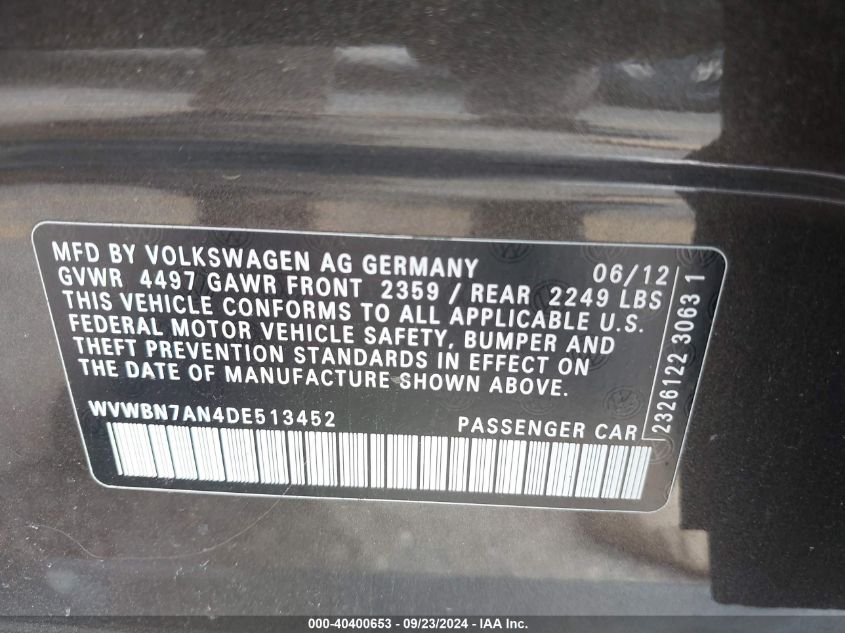 WVWBN7AN4DE513452 2013 Volkswagen Cc Sport