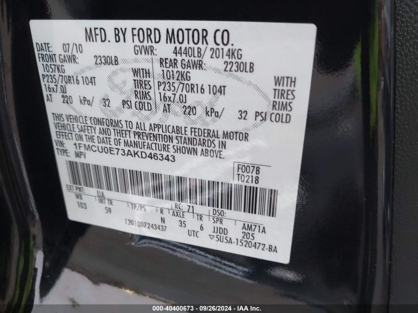 1FMCU0E73AKD46343 2010 Ford Escape Limited