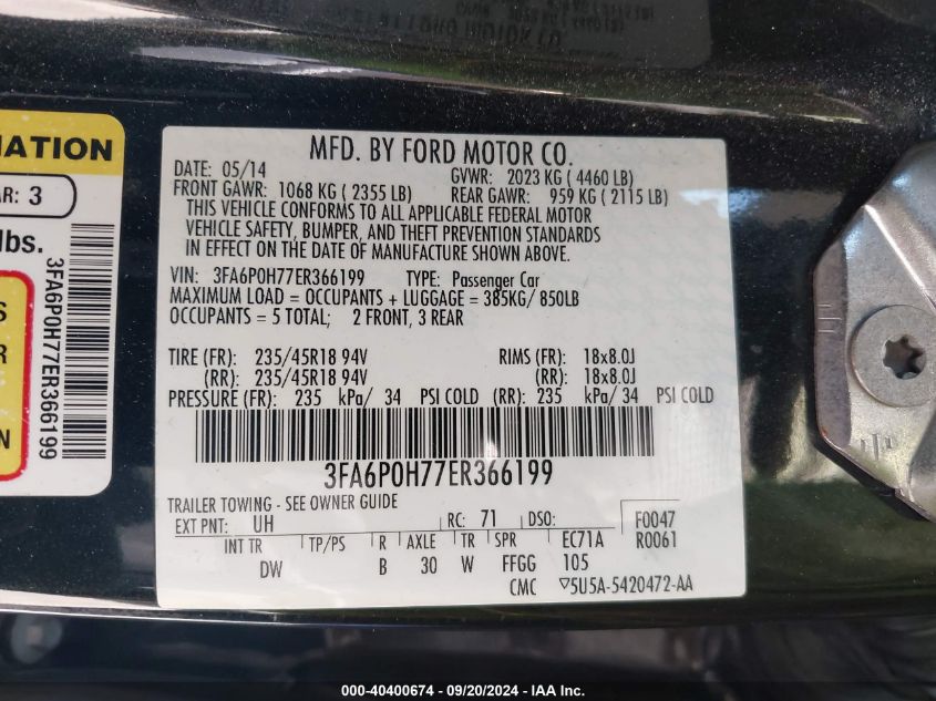 2014 Ford Fusion Se VIN: 3FA6P0H77ER366199 Lot: 40400674